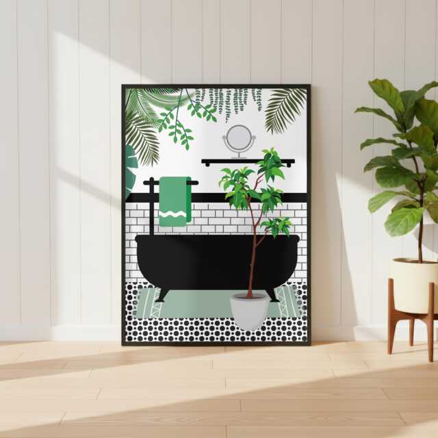 Botanical Bath Art Print. Green Maximalist Bathroom Poster. Colourful Toilet Home Decor - image 1