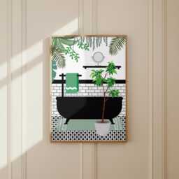 Botanical Bath Art Print. Green Maximalist Bathroom Poster. Colourful Toilet Home Decor - thumbnail 3