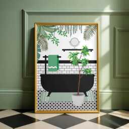 Botanical Bath Art Print. Green Maximalist Bathroom Poster. Colourful Toilet Home Decor - thumbnail 2