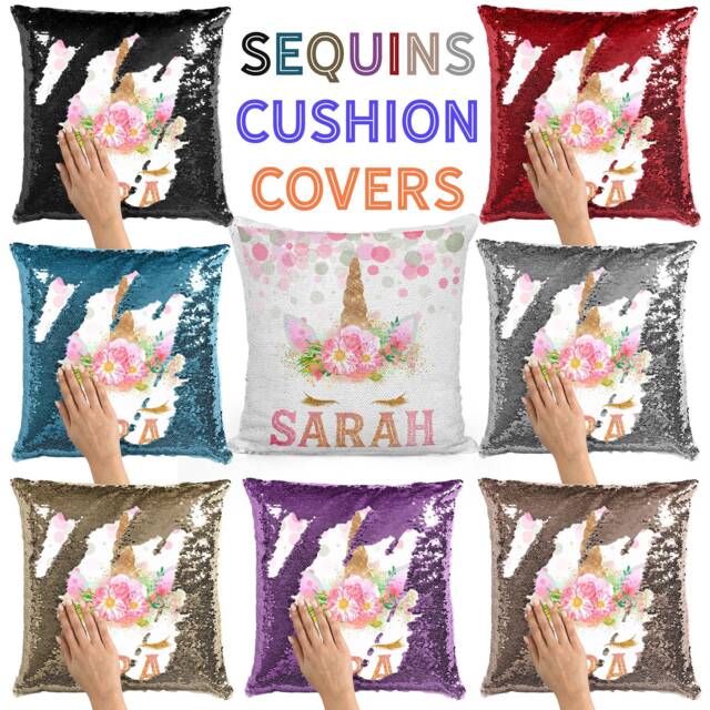 Personalised Sequence Cushion Cober - Magic Pillow Custome Name Cover Kids Rainbow Unicorn Sequin Personalized - image 1