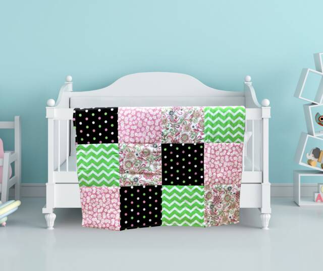 Shabby Chic Pink & Black Baby Girl Quilt, Shower Gift, Adult Lap Nursery Bedding, Tummy Time Quilt, New Mom Gift - image 1