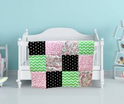 Shabby Chic Pink & Black Baby Girl Quilt, Shower Gift, Adult Lap Nursery Bedding, Tummy Time Quilt, New Mom Gift - thumbnail 1