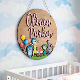 Personalized Inside Out Name Sign, Custom Kids Wood Wall Art, Joy Sadness Anger Disgust Fear Nursery Decor, Round Wooden Room Plaque Sign - thumbnail 3