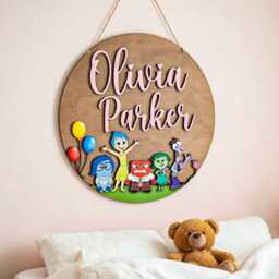 Personalized Inside Out Name Sign, Custom Kids Wood Wall Art, Joy Sadness Anger Disgust Fear Nursery Decor, Round Wooden Room Plaque Sign - thumbnail 2