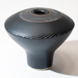 Hand Made Sculptural Domed Vase Form, Stoneware Fired in A Semi-Matte Black Glaze, With Circular Textured Manganese Oxide Decoration - thumbnail 2