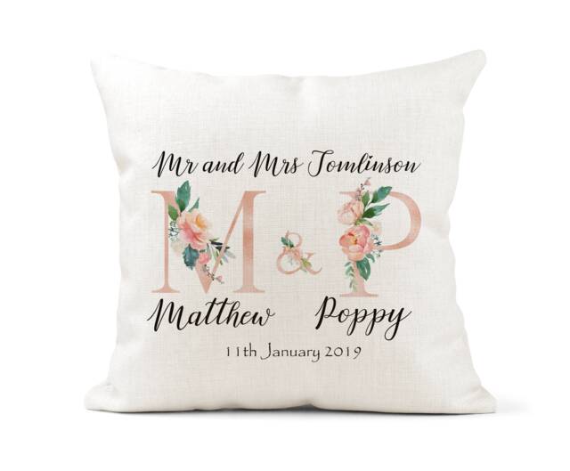 Personalised Rose Gold Initials Cushion, Wedding Gift, Mr & Mrs, Bride Groom, Husband Wife, Anniversary Keepsake, Letters - image 1