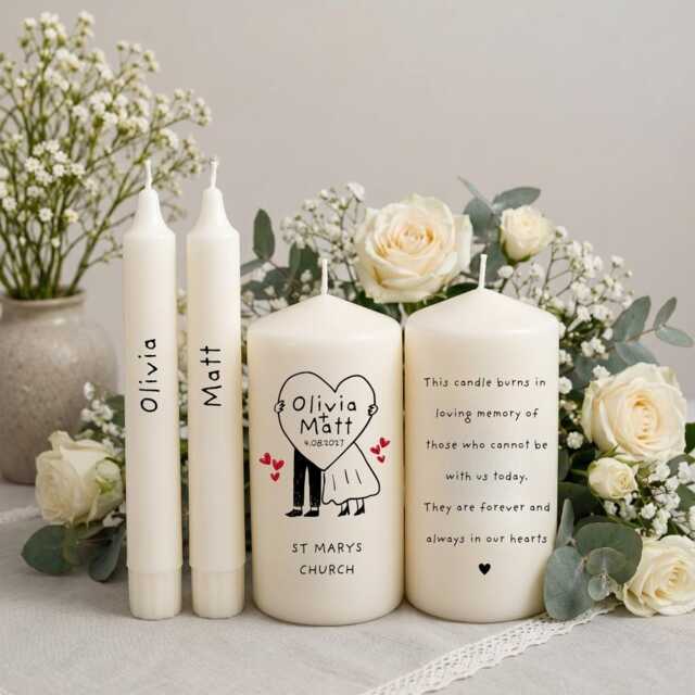 Personalised Wedding Unity Candle Set - Bride & Groom Name Candles Heart Couple Design Ceremony - image 1