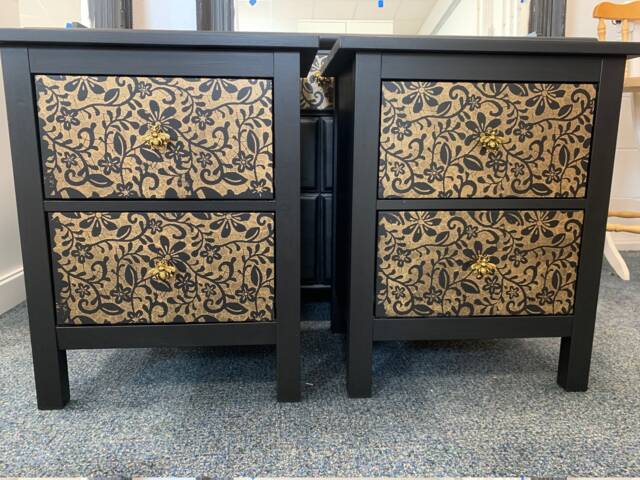 Pair Of Bedside Tables Painted Bespoke Moroccan Geometric Art Deco Gold Leaf Bee Elephant Handles Stencilled - image 1