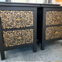Pair Of Bedside Tables Painted Bespoke Moroccan Geometric Art Deco Gold Leaf Bee Elephant Handles Stencilled - thumbnail 3