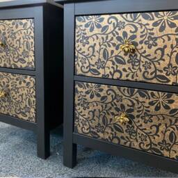 Pair Of Bedside Tables Painted Bespoke Moroccan Geometric Art Deco Gold Leaf Bee Elephant Handles Stencilled - thumbnail 2