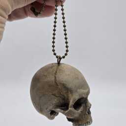 Skull On A Chain. Solid Tiny Human Half Skull Ornament. Small Replica Plaster Of Paris Skull - thumbnail 2