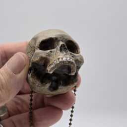 Skull On A Chain. Solid Tiny Human Half Skull Ornament. Small Replica Plaster Of Paris Skull - thumbnail 4