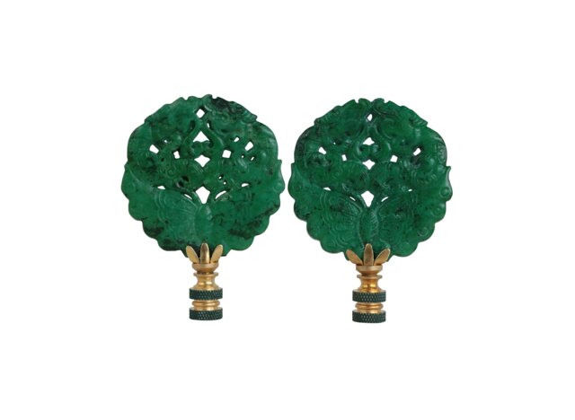 Jade Green Butterfly Carved Stone Lamp Finials On Brass Hardware - & Gold Asian A Single Finial Or Matching Pair - image 1