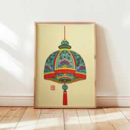 Chinese Hanging Lantern Poster - Traditional Asian Ornament Art Red Green Decorative Illustration - thumbnail 1