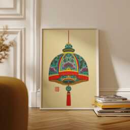 Chinese Hanging Lantern Poster - Traditional Asian Ornament Art Red Green Decorative Illustration - thumbnail 2
