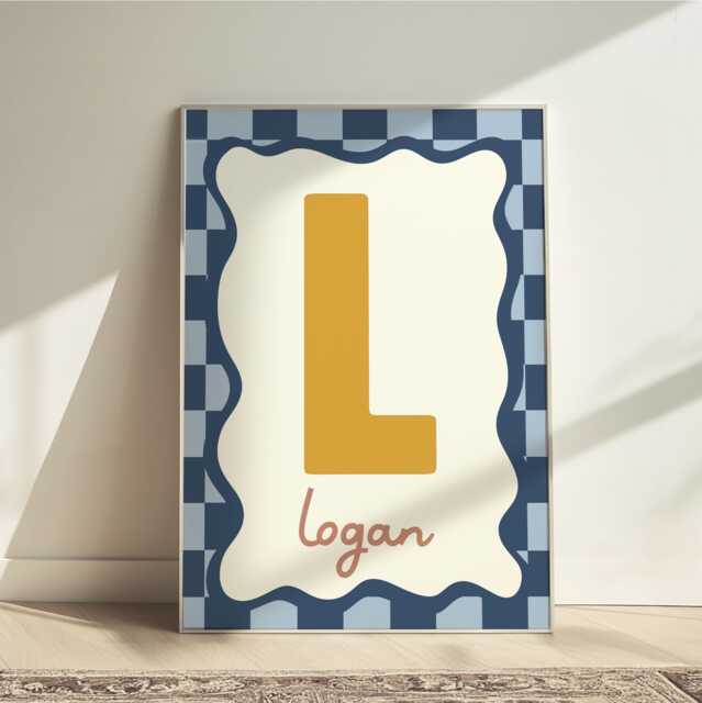 Personalised Initial Print in Navy & Mustard, Retro Checkered Boy Nursery Playroom Decor, Bedroom Wall Art - image 1