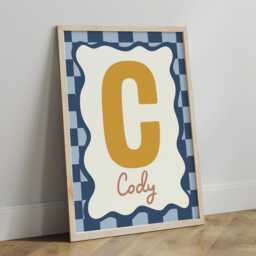 Personalised Initial Print in Navy & Mustard, Retro Checkered Boy Nursery Playroom Decor, Bedroom Wall Art - thumbnail 3