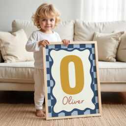 Personalised Initial Print in Navy & Mustard, Retro Checkered Boy Nursery Playroom Decor, Bedroom Wall Art - thumbnail 2