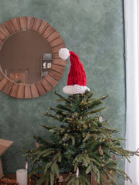 Chunky Knit Santa Hat Christmas Tree Topper Colorful Handmade Decor - image 1