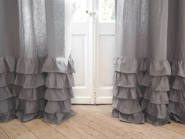 True Gray Ruffled Heavy Linen Curtain Panel - 280 G/M2. With Ruffles. Rod Pocket/1 Pcs - image 1
