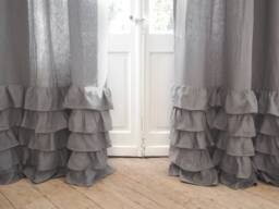 True Gray Ruffled Heavy Linen Curtain Panel With Rod Pocket