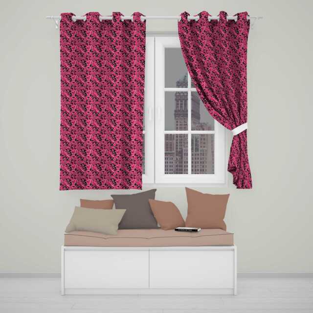 Elegant Pink Flowers On Black Seamless Pattern Botanical Floral Design Readymade Eyelet Ring Top Thermal 100% Blackout Curtains - image 1