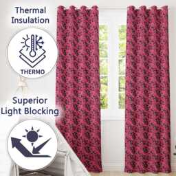 Elegant Pink Flowers On Black Seamless Pattern Botanical Floral Design Readymade Eyelet Ring Top Thermal 100% Blackout Curtains - thumbnail 3