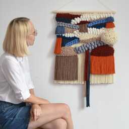 Handwoven Wool Tapestry Boho Wall Hanging With Wooden Dowel - thumbnail 2