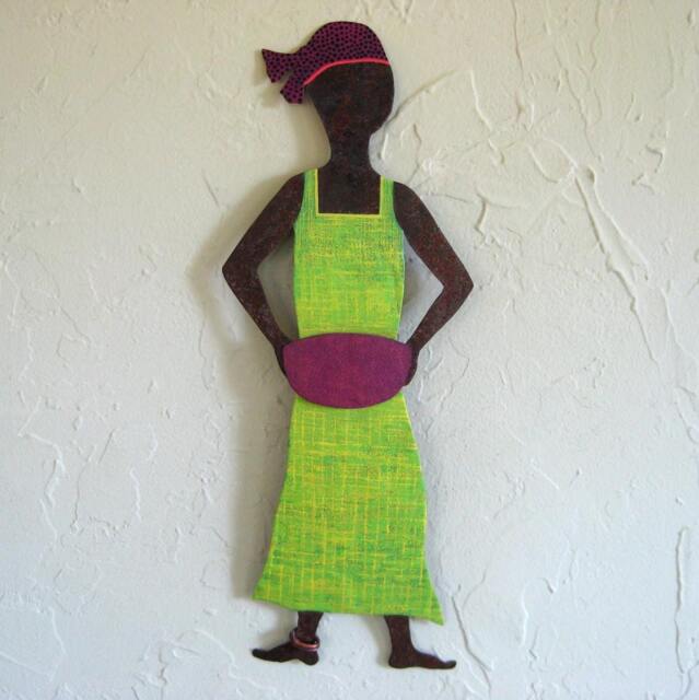 Upcycled Metal African Woman Wall Art Lime Green Boho Sculpture - image 1