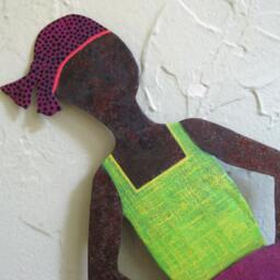 Upcycled Metal African Woman Wall Art Lime Green Boho Sculpture - thumbnail 2