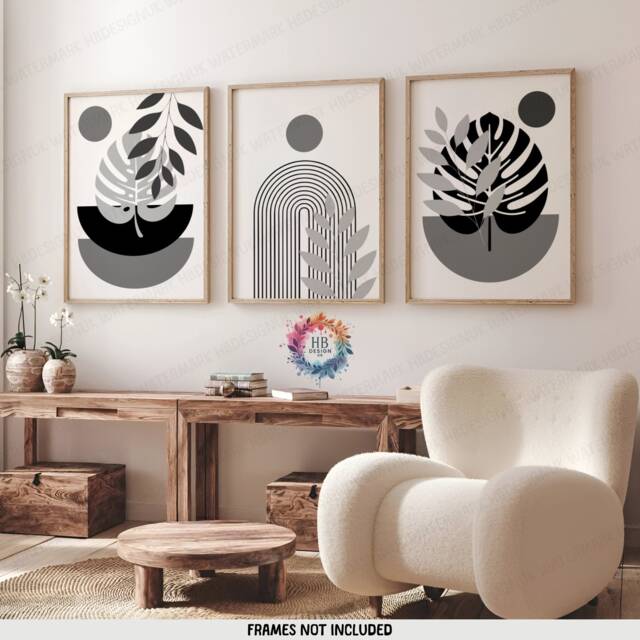Grey Boho Prints - Set Of 3 Wall - Black Decor Living Room Posters Bedroom Artwork Home Hangings Botanicals - image 1