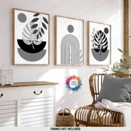 Grey Boho Prints - Set Of 3 Wall - Black Decor Living Room Posters Bedroom Artwork Home Hangings Botanicals - thumbnail 2