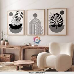 Grey Boho Prints - Set Of 3 Wall - Black Decor Living Room Posters Bedroom Artwork Home Hangings Botanicals - thumbnail 1
