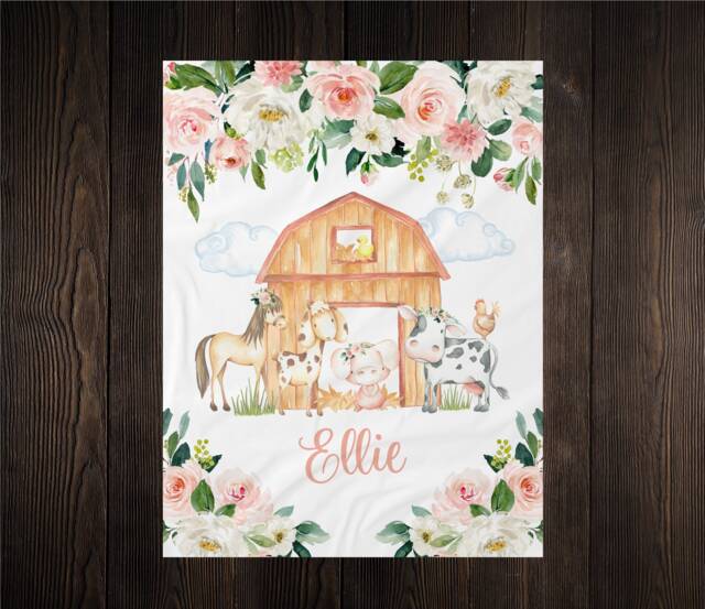 Personalized Baby Name Blanket, Gift, Pig, Custom Coming Home Hospital Shower Gift Birthday Farm Animal - image 1