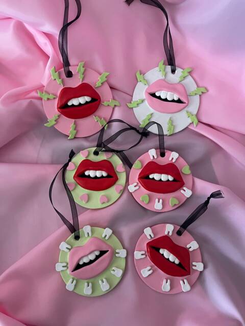 Lightning Bolt Big Lips Wall Hanging // Quirky Home Gifts Tooth Art Pink Lime - image 1