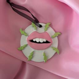 Lightning Bolt Big Lips Wall Hanging // Quirky Home Gifts Tooth Art Pink Lime - thumbnail 3