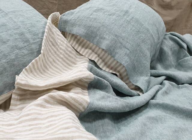Linen Bedding Set in Softened Melange Bluish Green & Natural Striped Linen - Twin Queen Cal King Bed - image 1