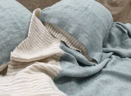 Linen Bedding Set in Softened Melange Bluish Green & Natural Striped Linen - Twin Queen Cal King Bed - thumbnail 1