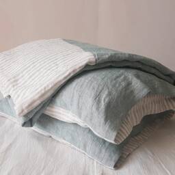 Linen Bedding Set in Softened Melange Bluish Green & Natural Striped Linen - Twin Queen Cal King Bed - thumbnail 3