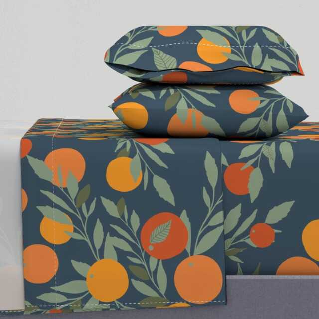 Citrus Sheets - Navy Tangerine Jumbo By Indybloomdesign Summer Fruit Oranges Spring Nature Cotton Sateen Sheet Set Bedding Spoonflower - image 1