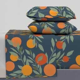 Citrus Sheets - Navy Tangerine Jumbo By Indybloomdesign Summer Fruit Oranges Spring Nature Cotton Sateen Sheet Set Bedding Spoonflower