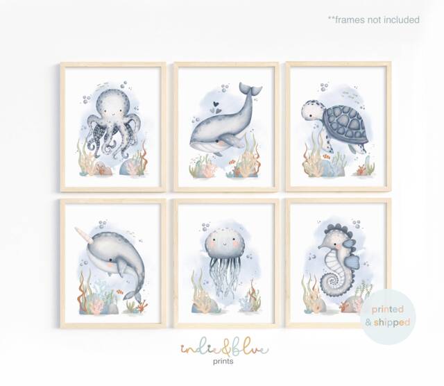 Set Of 6 Sea Animals Print, Under The Ocean Prints, Nursery Whale Scandi Decor, Playroom Kids Wall Arts - image 1