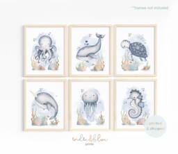 Set Of 6 Sea Animals Print, Under The Ocean Prints, Nursery Whale Scandi Decor, Playroom Kids Wall Arts - thumbnail 1
