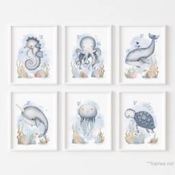 Set Of 6 Sea Animals Print, Under The Ocean Prints, Nursery Whale Scandi Decor, Playroom Kids Wall Arts - thumbnail 2