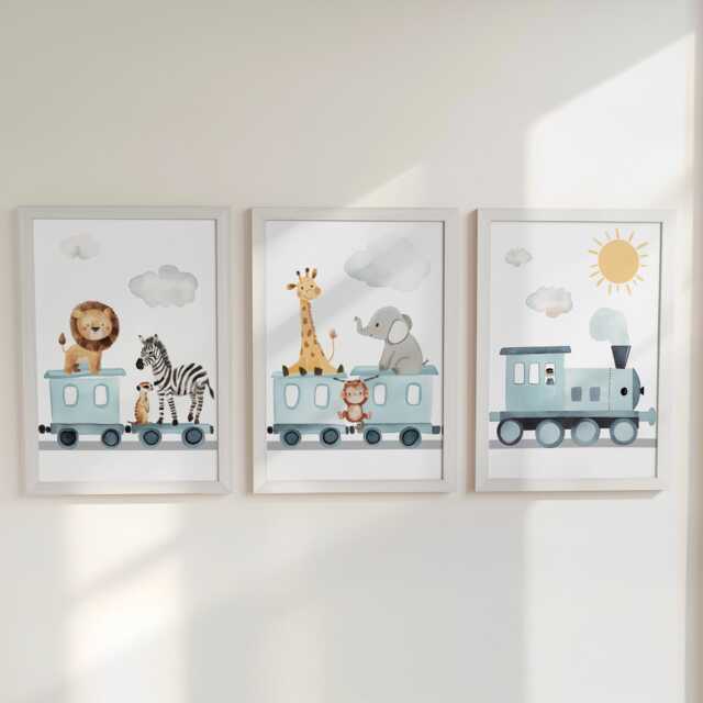 Safari Animal Train Nursery Wall Prints, Set Of 3 Optional Oak Frame Boys Bedroom Decor, Gift For Kids Room, Playroom Posters - image 1