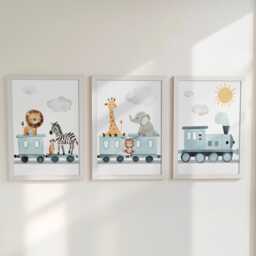 Safari Animal Train Nursery Wall Prints, Set Of 3 Optional Oak Frame Boys Bedroom Decor, Gift For Kids Room, Playroom Posters - thumbnail 1