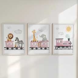 Safari Animal Train Nursery Wall Prints, Set Of 3 Optional Oak Frame Boys Bedroom Decor, Gift For Kids Room, Playroom Posters - thumbnail 3