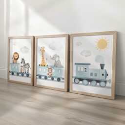 Safari Animal Train Nursery Wall Prints, Set Of 3 Optional Oak Frame Boys Bedroom Decor, Gift For Kids Room, Playroom Posters - thumbnail 2