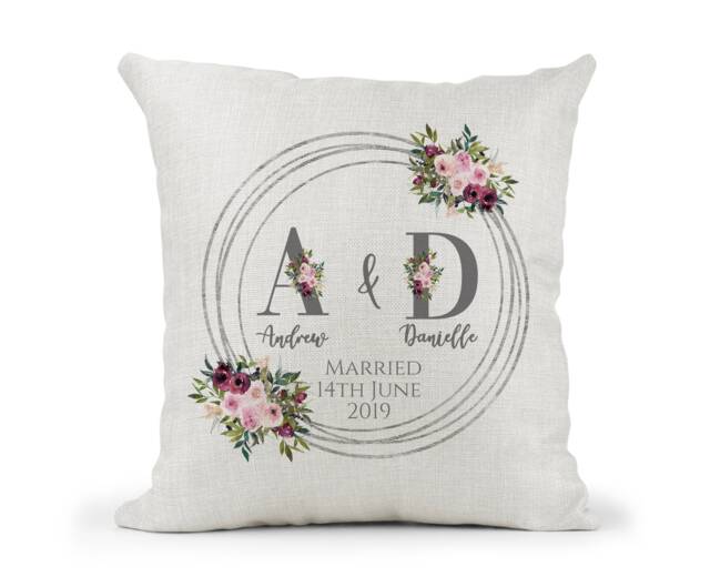 Personalised Silver Floral Initials Cushion, Wedding Gift, Mr & Mrs, Bride Groom, Husband Wife, 25 Years Anniversary Keepsake, Letters - image 1