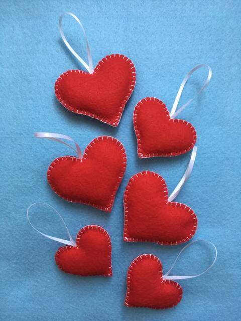 Handmade Red Felt Hearts Set Of 6, Valentines Hearts, Christmas Tree Ornaments, Wedding Favors - image 1